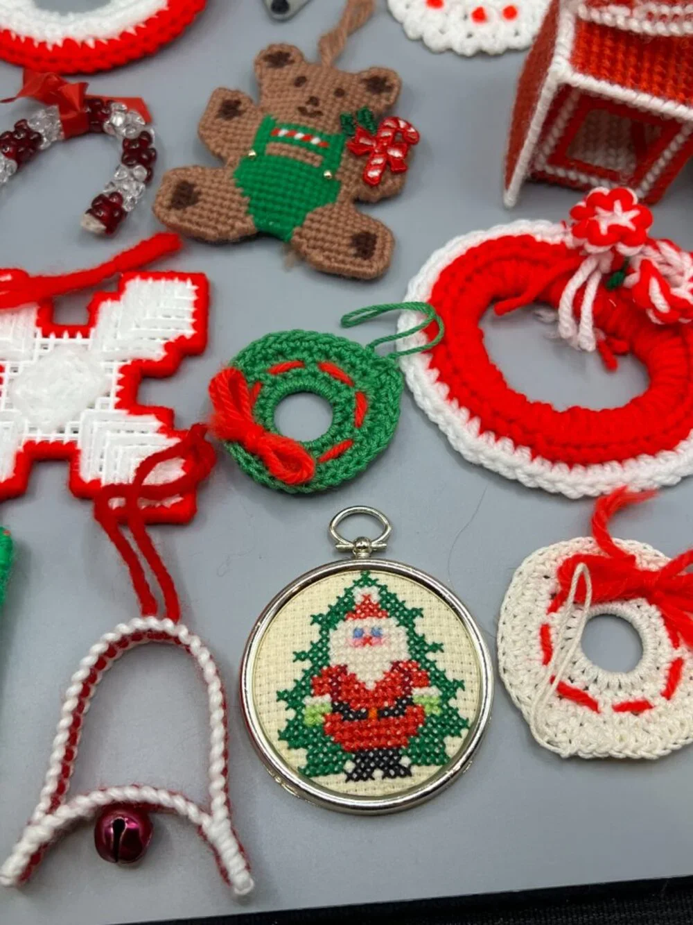 christmas ornaments handmade kitshy lot of 19 crochet yarn canvas 80s